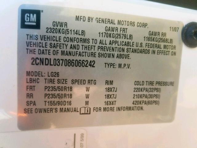 2CNDL037086066242 - 2008 CHEVROLET EQUINOX SP WHITE photo 10