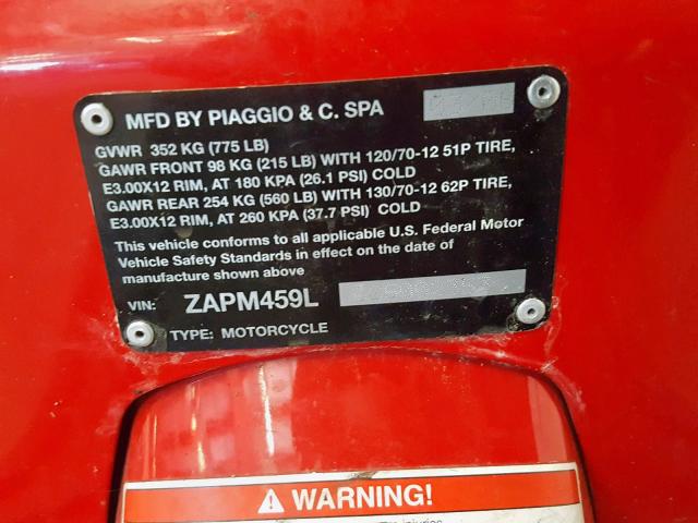ZAPM459L565002353 - 2006 VESPA GTS 250 RED photo 10
