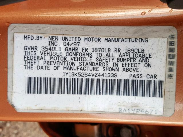 1Y1SK5264VZ441338 - 1997 GEO PRIZM BASE 橙色 照片 10