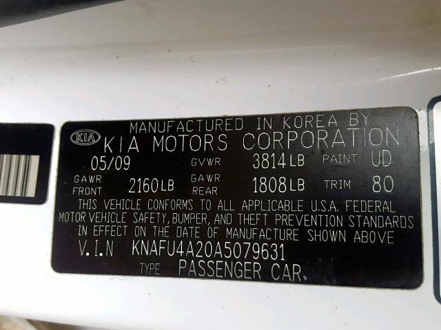 KNAFU4A20A5079631 - 2010 KIA FORTE EX WHITE photo 10