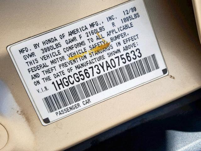 1HGCG5673YA075633 - 2000 HONDA ACCORD SE GOLD photo 10