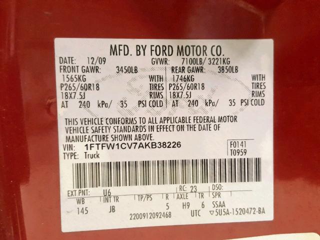 1FTFW1CV7AKB38226 - 2010 FORD F150 SUPER RED photo 10