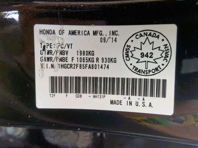 1HGCR2F85FA801474 - 2015 HONDA ACCORD EXL BLACK photo 10