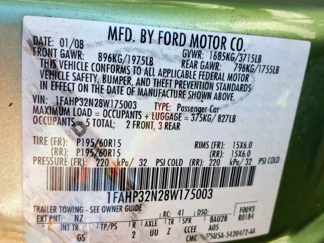 1FAHP32N28W175003 - 2008 FORD FOCUS S/SE GREEN photo 10