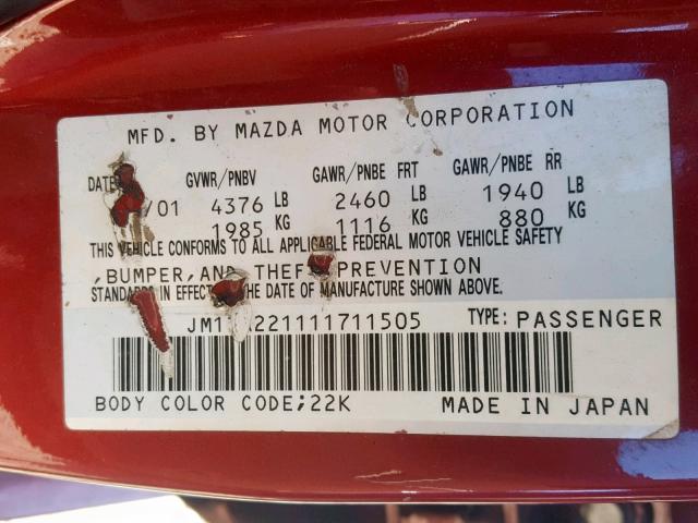 JM1TA221111711505 - 2001 MAZDA MILLENIA RED photo 10