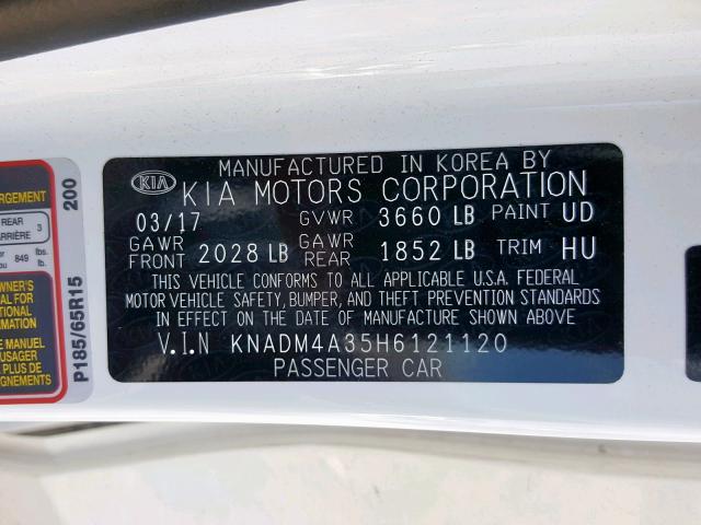 KNADM4A35H6121120 - 2017 KIA RIO LX WHITE photo 10