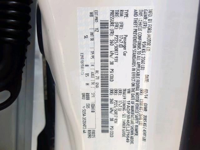 1FADP3R46EL276649 - 2014 FORD FOCUS BEV WHITE photo 10