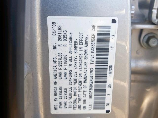 1HGCP368X9A041753 - 2009 HONDA ACCORD EXL SILVER photo 10