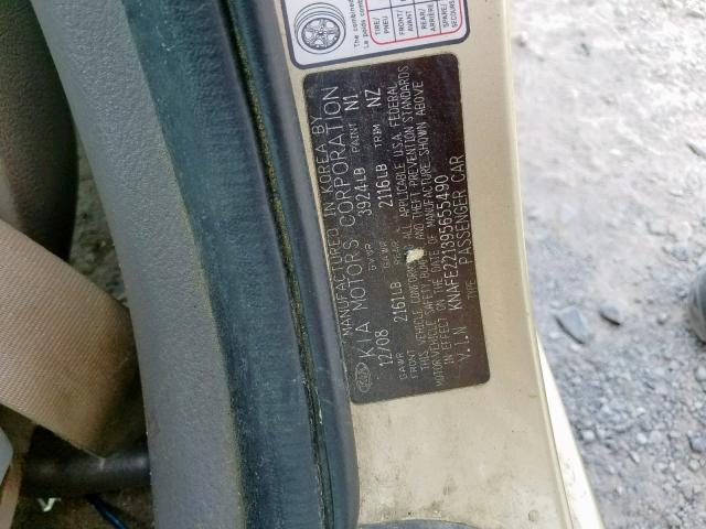 KNAFE221395655490 - 2009 KIA SPECTRA EX GOLD photo 10