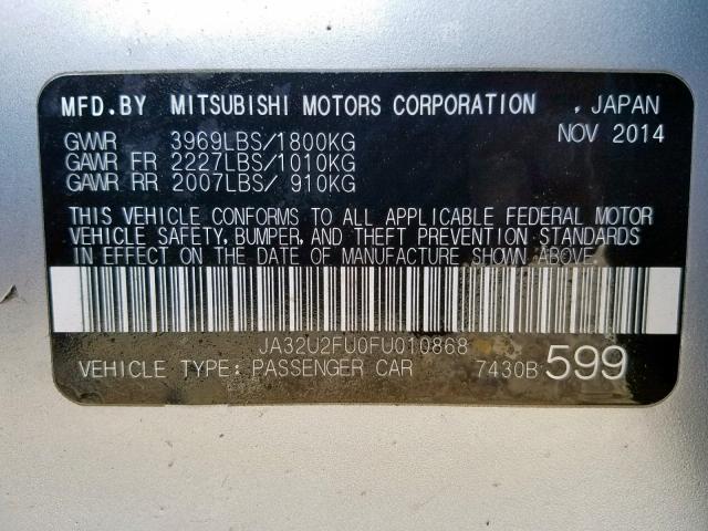 JA32U2FU0FU010868 - 2015 MITSUBISHI LANCER ES SILVER photo 10