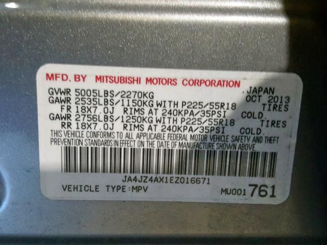 JA4JZ4AX1EZ016671 - 2014 MITSUBISHI OUTLANDER GRAY photo 10