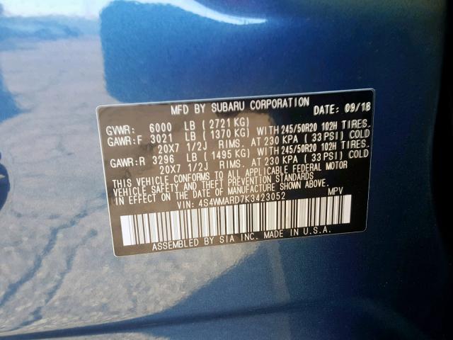 4S4WMARD7K3423052 - 2019 SUBARU ASCENT TOU BLUE photo 10