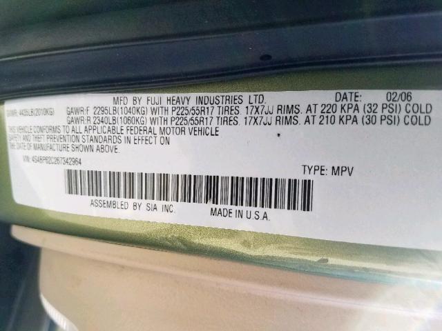 4S4BP62C267342964 - 2006 SUBARU LEGACY OUT GREEN photo 10