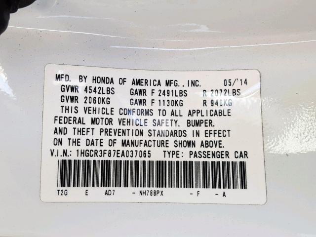 1HGCR3F87EA037065 - 2014 HONDA ACCORD EXL WHITE photo 10