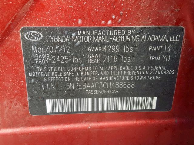 5NPEB4AC3CH488688 - 2012 HYUNDAI SONATA GLS RED photo 10