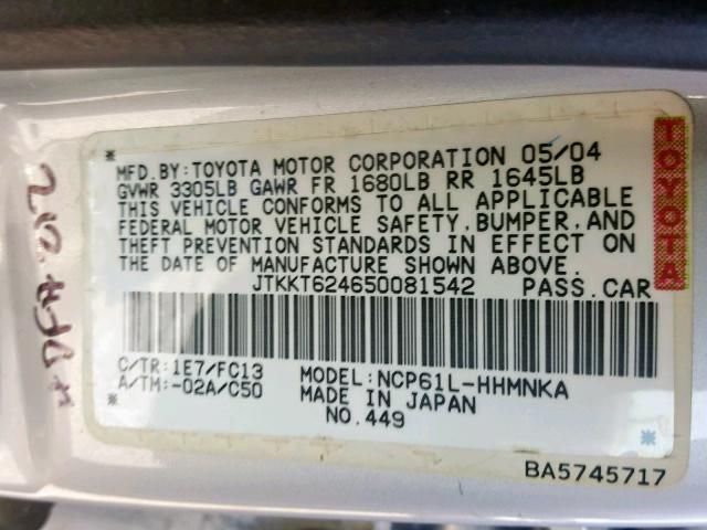 JTKKT624650081542 - 2005 TOYOTA SCION XA SILVER photo 10