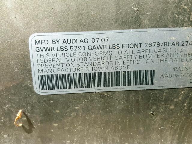 WAUDH74F88N029100 - 2008 AUDI A6 3.2 QUA GOLD photo 10