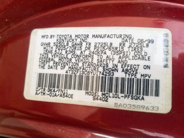 4T3ZF13C8YU174293 - 2000 TOYOTA SIENNA LE RED photo 10
