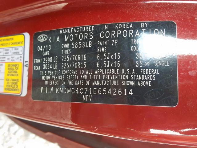 KNDMG4C71E6542614 - 2014 KIA SEDONA LX RED photo 10