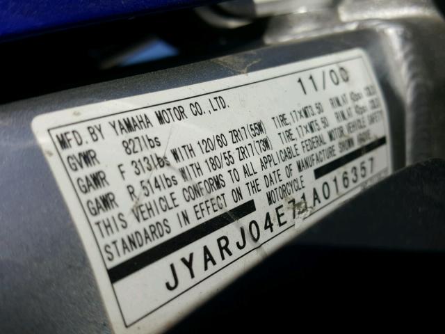 JYARJ04E71A016357 - 2001 YAMAHA YZFR6 L BLUE photo 10