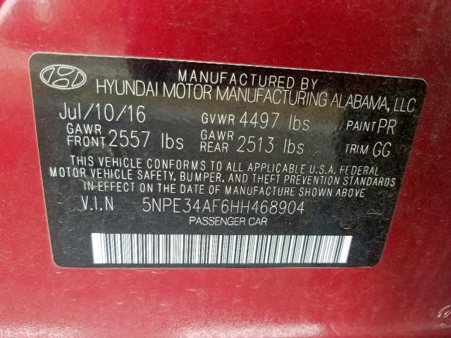 5NPE34AF6HH468904 - 2017 HYUNDAI SONATA SPO RED photo 10