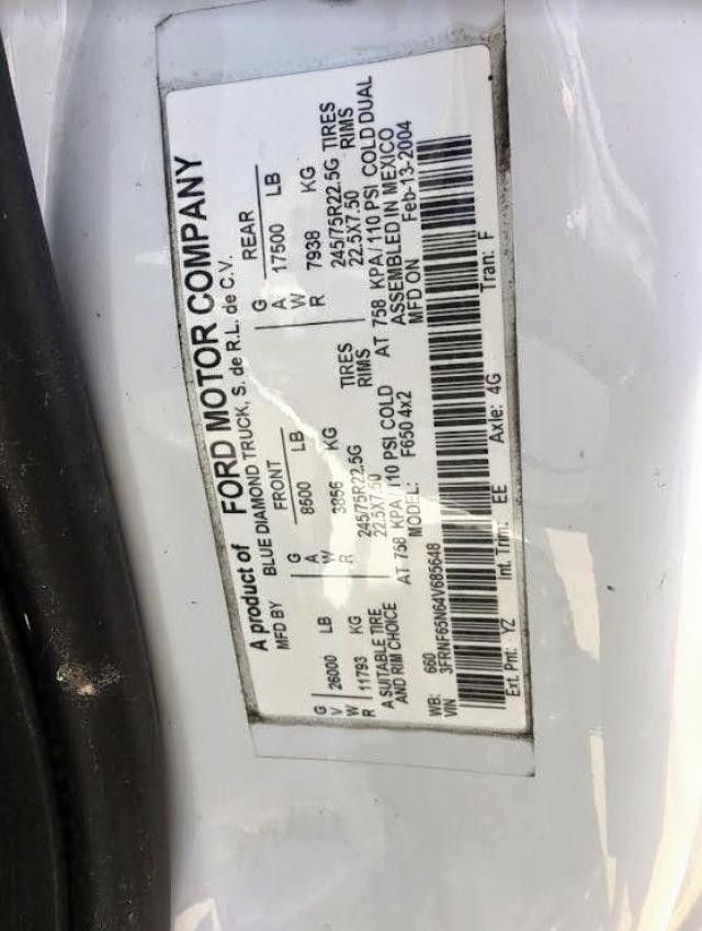 3FRNF65N64V685648 - 2004 FORD F650 SUPER WHITE photo 10