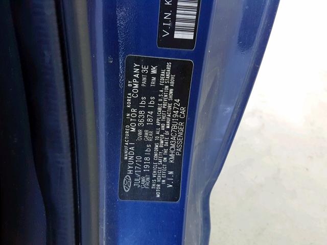 KMHCM3AC7BU194724 - 2011 HYUNDAI ACCENT GL BLUE photo 10