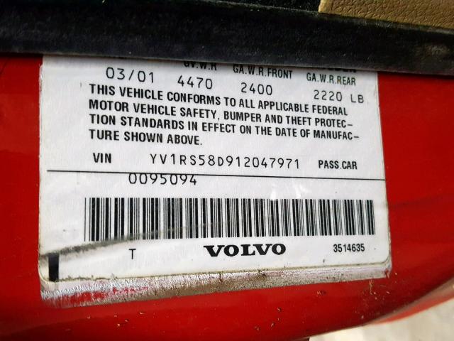 YV1RS58D912047971 - 2001 VOLVO S60 2.4T RED photo 10
