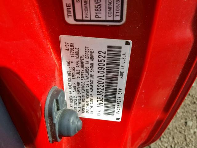 1HGEJ6220VL090522 - 1997 HONDA CIVIC DX RED photo 10