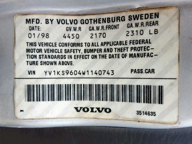 YV1KS9604W1140743 - 1998 VOLVO S90 SILVER photo 10