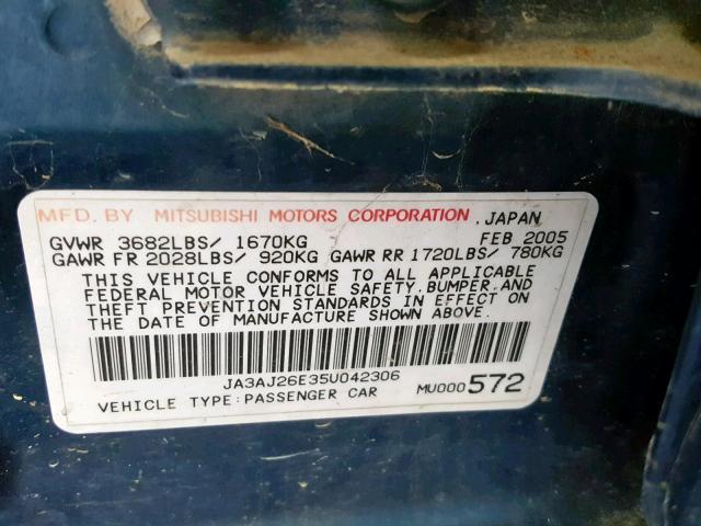 JA3AJ26E35U042306 - 2005 MITSUBISHI LANCER ES BLUE photo 10