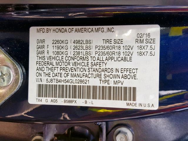 5J8TB4H54GL028621 - 2016 ACURA RDX TECHNO Կապույտ լուսանկար 10