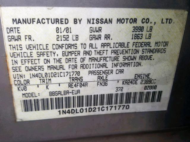 1N4DL01D21C171770 - 2001 NISSAN ALTIMA XE GRAY photo 10