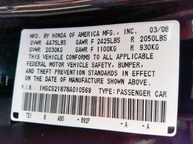 1HGCS21878A010569 - 2008 HONDA ACCORD EXL BLACK photo 10