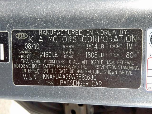 KNAFU4A29A5881630 - 2010 KIA FORTE EX GRAY photo 10