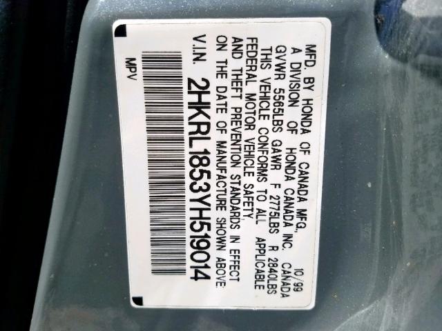 2HKRL1853YH519014 - 2000 HONDA ODYSSEY LX GRAY photo 10