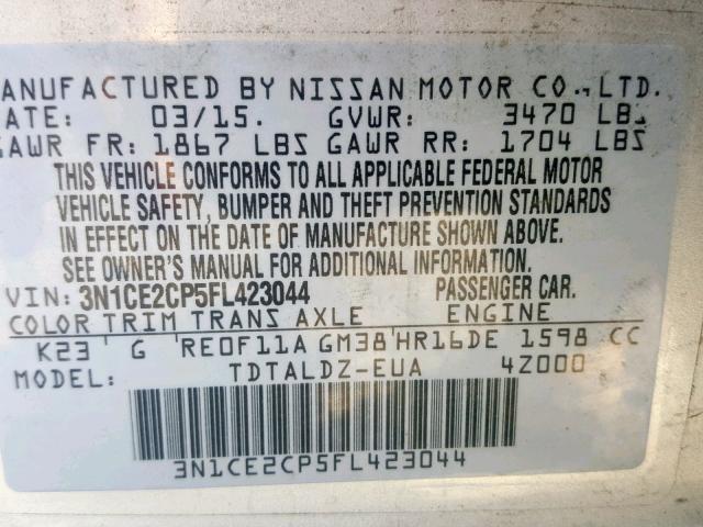 3N1CE2CP5FL423044 - 2015 NISSAN VERSA NOTE SILVER photo 10