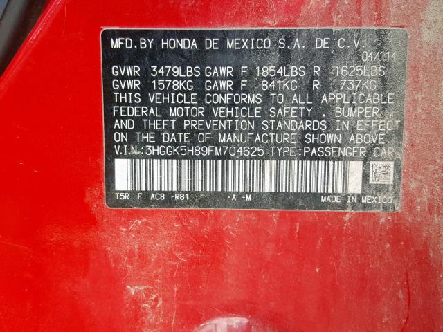 3HGGK5H89FM704625 - 2015 HONDA FIT EX RED photo 10