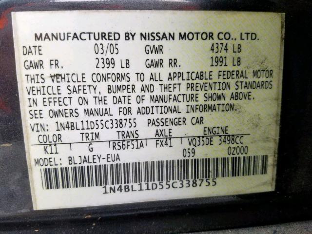 1N4BL11D55C338755 - 2005 NISSAN ALTIMA SE GRAY photo 10