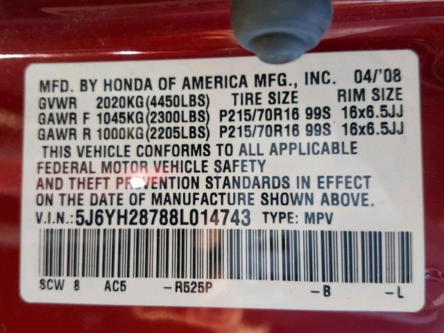 5J6YH28788L014743 - 2008 HONDA ELEMENT EX BURGUNDY photo 10