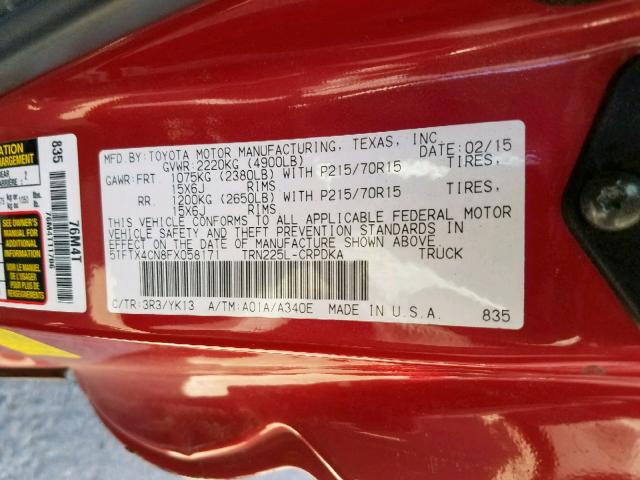 5TFTX4CN8FX058171 - 2015 TOYOTA TACOMA ACC წითელი ფოტო 10