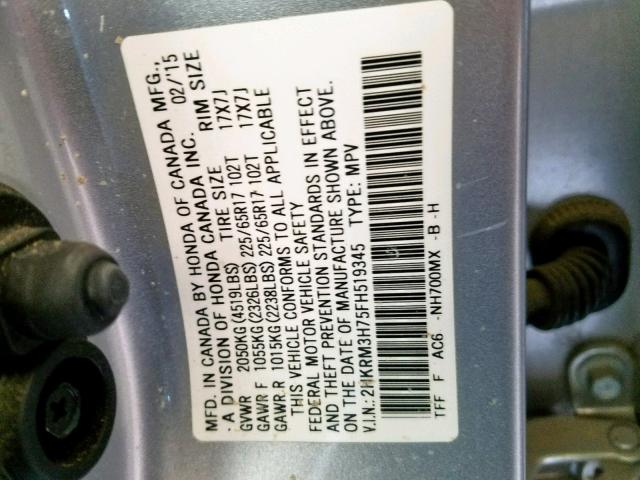 2HKRM3H75FH519345 - 2015 HONDA CR-V EXL SILVER photo 10