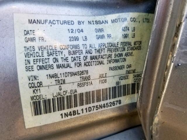 1N4BL11D75N452678 - 2005 NISSAN ALTIMA SE SILVER photo 10