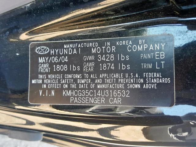 KMHCG35C14U316532 - 2004 HYUNDAI ACCENT GL BLACK photo 10