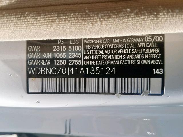 WDBNG70J41A135124 - 2001 MERCEDES-BENZ S 430 WHITE photo 10