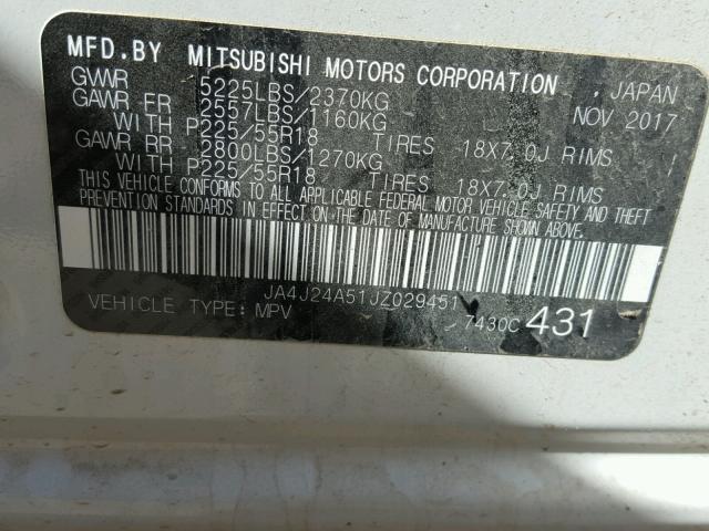 JA4J24A51JZ029451 - 2018 MITSUBISHI OUTLANDER WHITE photo 10