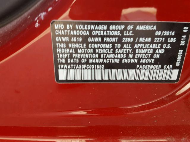 1VWAT7A33FC031552 - 2015 VOLKSWAGEN PASSAT S RED photo 10