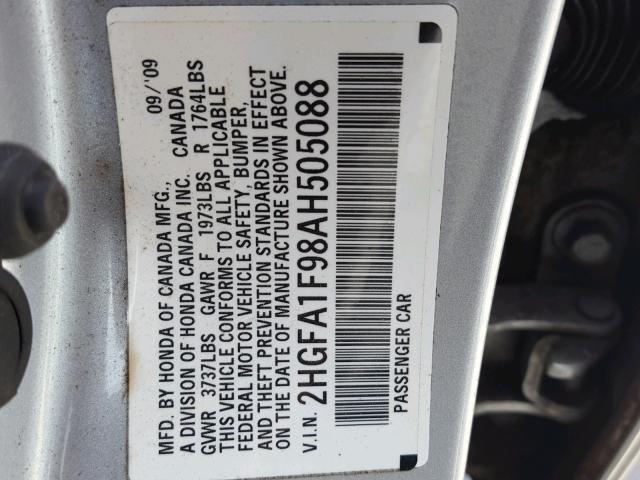 2HGFA1F98AH505088 - 2010 HONDA CIVIC EXL SILVER photo 10