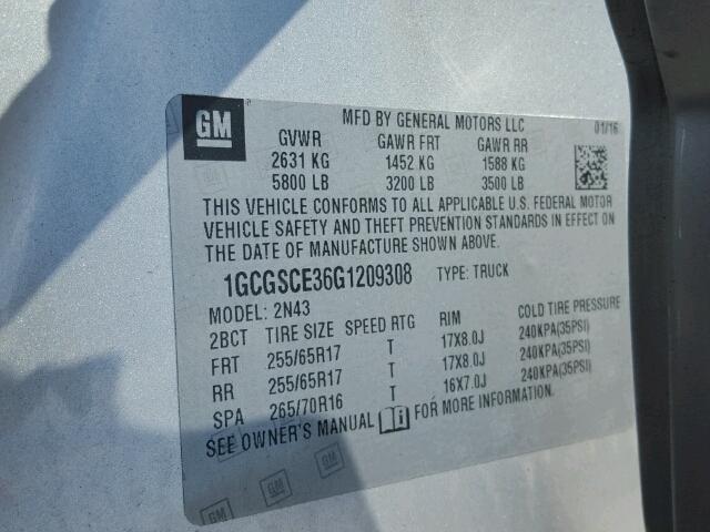 1GCGSCE36G1209308 - 2016 CHEVROLET COLORADO L SILVER photo 10