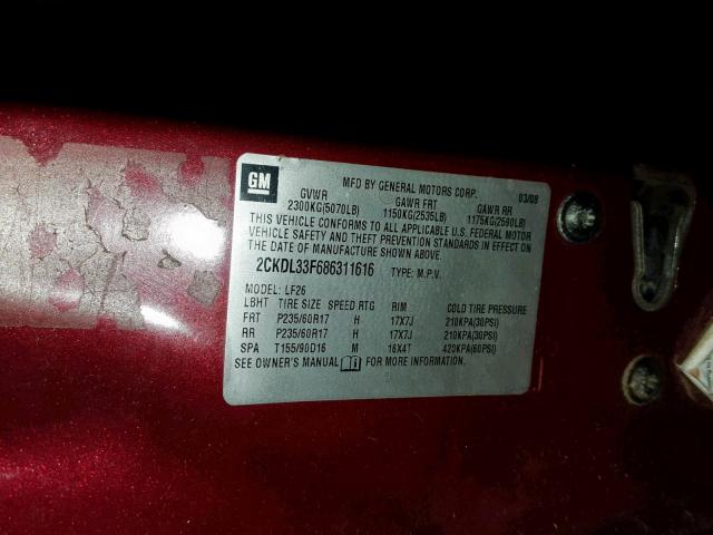 2CKDL33F686311616 - 2008 PONTIAC TORRENT BURGUNDY photo 10